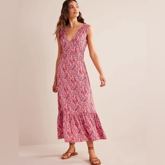 Boden Dresses & Skirts - BODEN Smocked Jersey Maxi Dress Sz 10 Pink Sherbert Paisley Bloom V-neck Spring